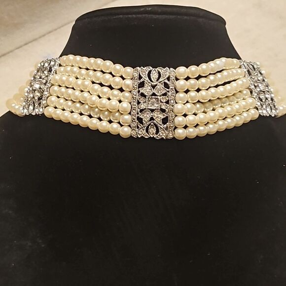 Vintage Eduardian Style Multistrand Faux Pearl Diamond Choker Necklace - Picture 3 of 11